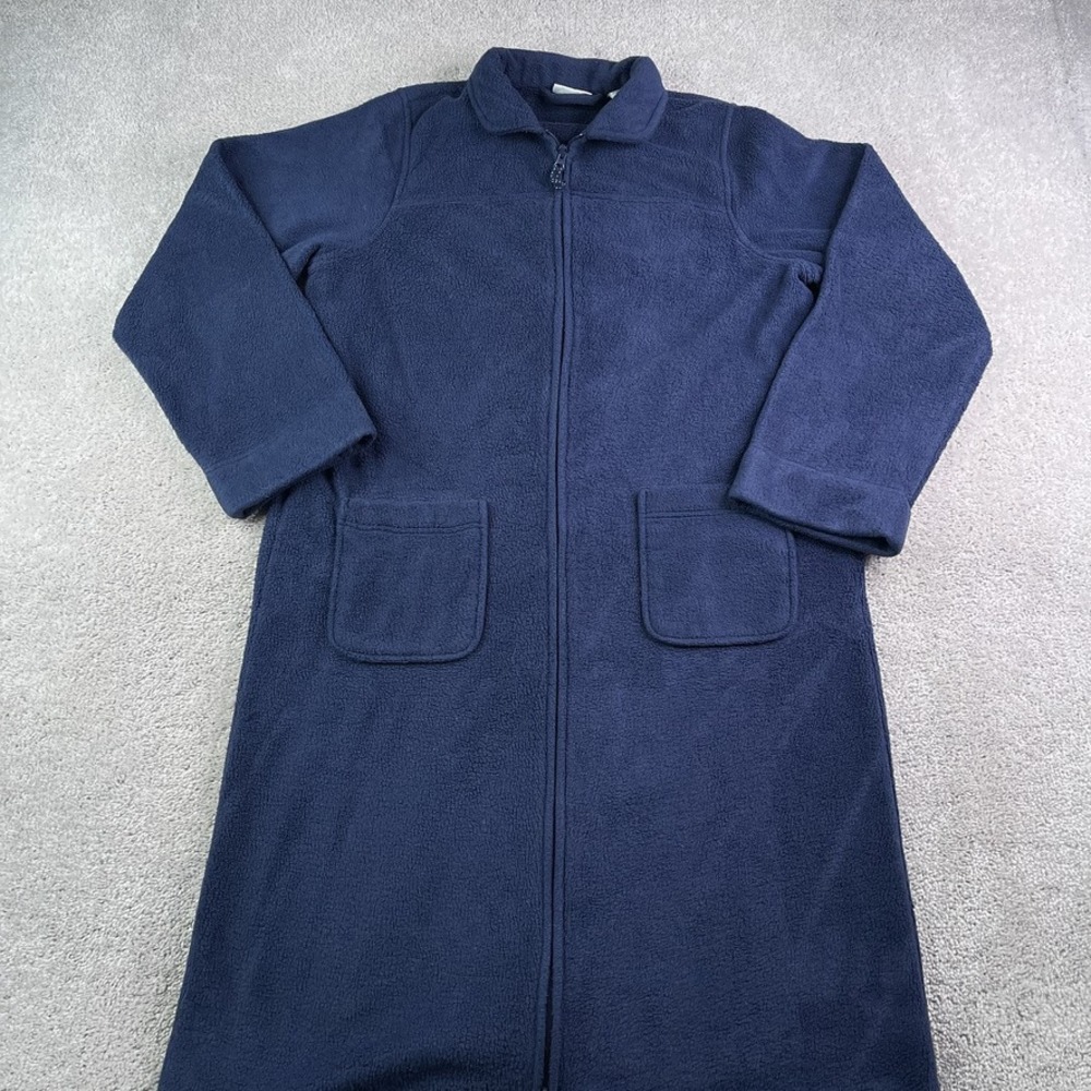 LL Bean Robe Women Medium Blue Winter Fleece Zip Front Cozy Lounge Housecoat